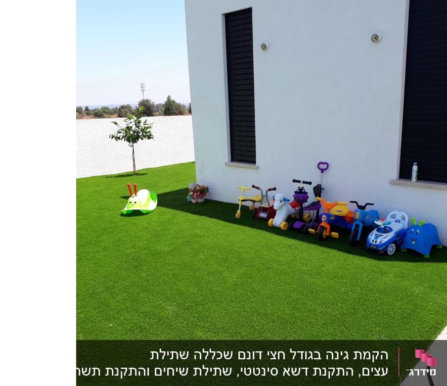 דשא סינטטי עם צעצועים על הדשא